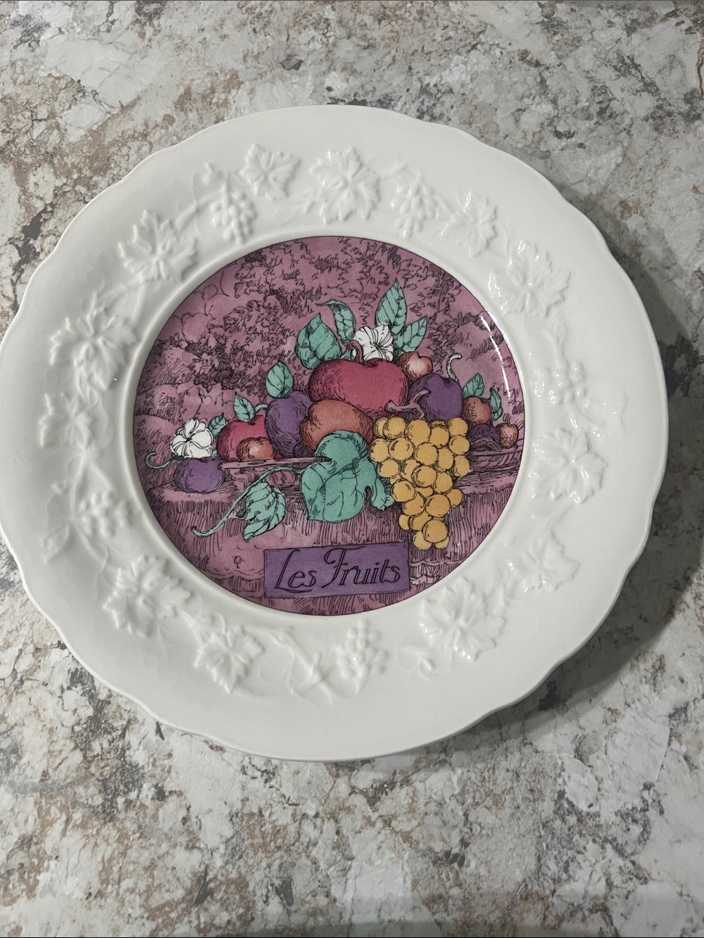 White Decorative Les Fruits Dinner Plate with Purple Center